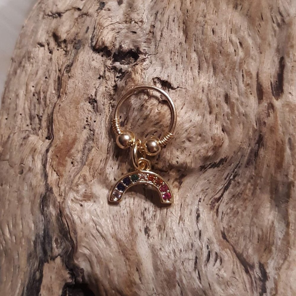 Gold Helix Daith Conch Ring Hoop with Rainbow Charm